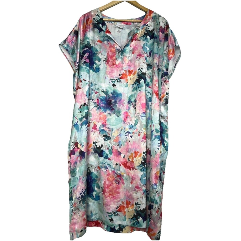 Liz Claiborne Dress XLT Multicolor Watercolor Floral Pockets Cap‎ Sleeve No Belt